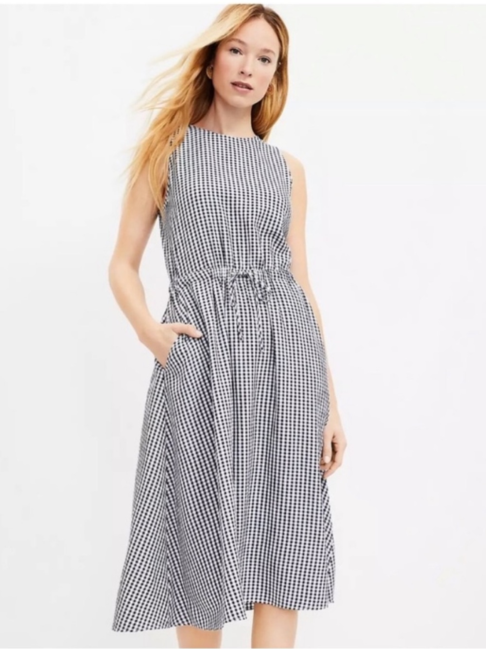 LOFT Black and White Gingham Midi Dress